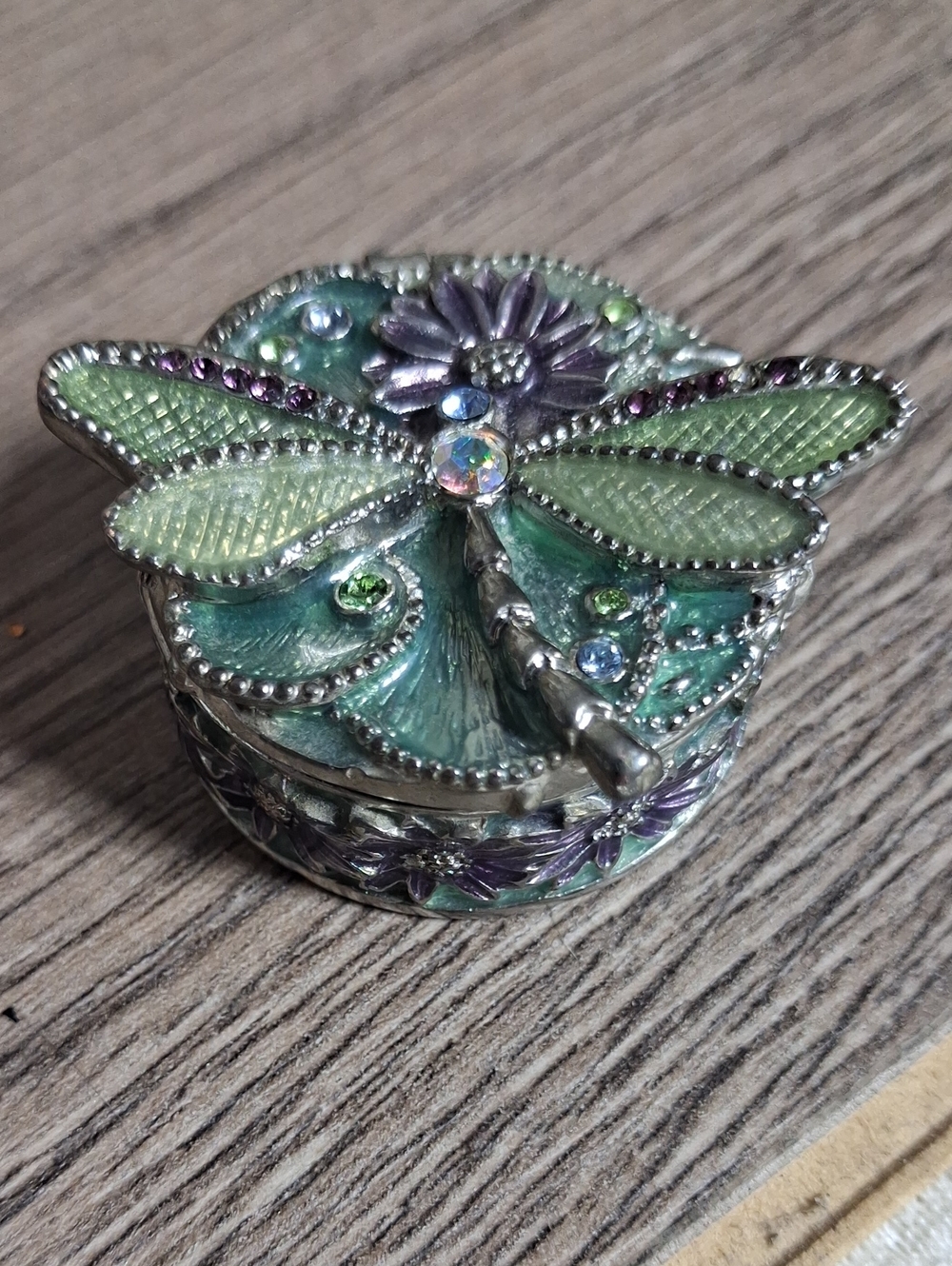 Monet Green and Purple Enamel Dragonfly Pill/ring Box